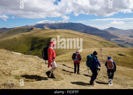 Wanderer wandern die Foel Gron mit Fernsicht auf schneebedeckten Mount Snowdon in Snowdonia National Park (Eryri) Berge. North Wales UK Großbritannien Stockfoto