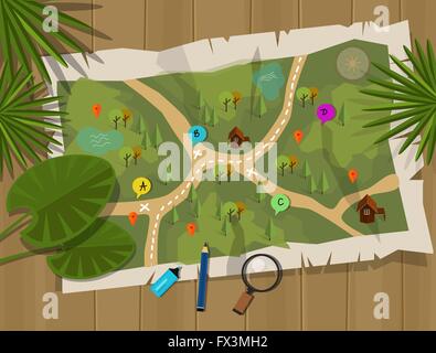 Karte-Dschungel-Cartoon-Schatzsucher Stock Vektor