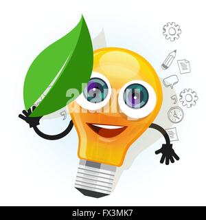 Leuchte Lampe Licht Blatt Zeichentrickfigur Lächeln glücklich Maskottchen-Gesicht-Vektor-illustration Stock Vektor