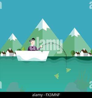 Mann im Boot mit Bergkulisse hinter Angeln Stock Vektor