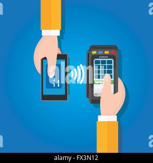 NFC in der Nähe von Feld Kommunikation mobile-Payment Mann Holding Smartphone-Kasse mit Edc terminal in der hand flach Vektor Stock Vektor