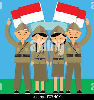 Unabhängigkeitstag Hari Pahlawan 17 Agustus 1945 veteran Indonesien Kämpfer Merdeka Mann und Mowan in Militäruniform Stock Vektor