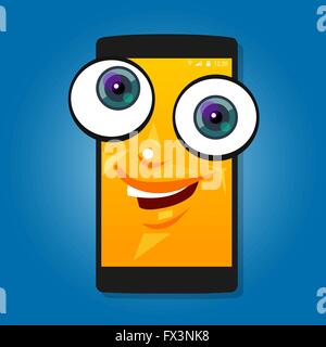 Smartphone-mobile großen Augen Charakter Cartoon Lächeln gelb süß glücklich Stock Vektor