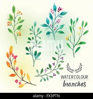 Aquarell Blumen Zweigen. Strukturiert und florale Elementen mit rosa Beeren. Vektor-Illustration. Stock Vektor