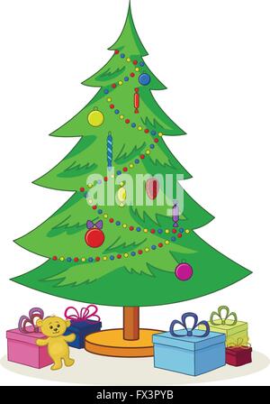 Weihnachtsbaum mit Spielzeug und Geschenk-Boxen Stock Vektor