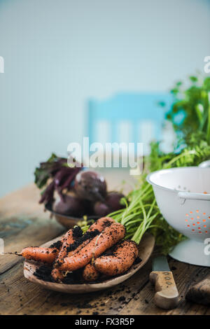 Bauernhof frischen lokalen Marktgemüse auf Holztisch Bauernhaus im sonnigen Küche. Kochen und produzieren Wohnkonzept. Stockfoto