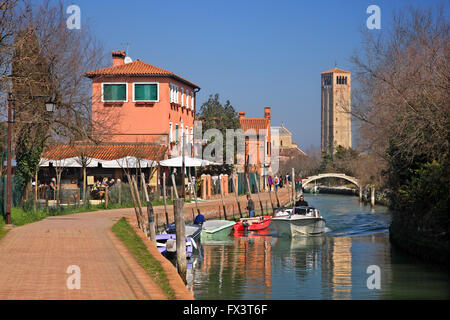 Wandern auf der Insel Torcello, Venedig, Veneto, Italien. Im Hintergrund der Glockenturm von Santa Maria Assunta. Stockfoto