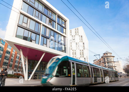 Nottingham Straßenbahn (netto) vorbei an der Nottingham Trent University (NTU) City Campus, Nottingham, England, Großbritannien Stockfoto