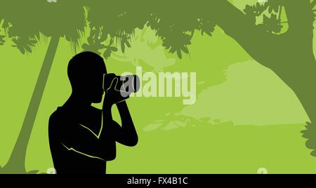 Silhouette im freien Natur Fotograf halten Kamera Stock Vektor
