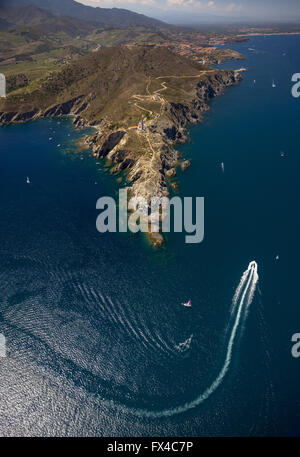 Luftaufnahme, Cap Béar, felsigen Punkt mit Leuchtturm, Port-Vendres, Frankreich, Languedoc-Roussillon, Frankreich, Europa, Luftbild, Stockfoto