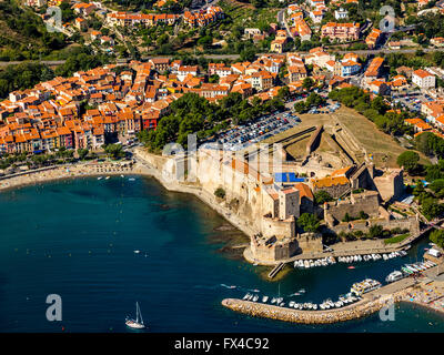 Luftaufnahme, Royal Fort, Chateau Royal von Collioure, Port von Collioure, Mittelmeerküste, mediterran, Collioure, Frankreich, Stockfoto