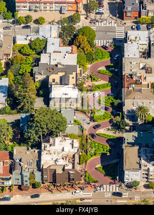 Luftaufnahme, Lombard Street, gewundenen Straße, Kurve Straße, Straßen von San Francisco, Touristenattraktionen, San Francisco, Bay Area, Stockfoto