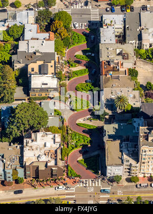 Luftaufnahme, Lombard Street, gewundenen Straße, Kurve Straße, Straßen von San Francisco, Touristenattraktionen, San Francisco, Bay Area, Stockfoto