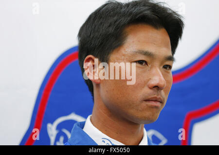 Tokio, Japan. 11. April 2016. Taizo Sugitani (JPN) Pferdesport: Japaner Taizo Sugitani besucht Pressekonferenz bezüglich der Rio De Janeiro Olympische bei JISS in Tokio, Japan. © Yusuke Nakanishi/AFLO SPORT/Alamy Live-Nachrichten Stockfoto