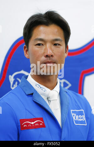 Tokio, Japan. 11. April 2016. Taizo Sugitani (JPN) Pferdesport: Japaner Taizo Sugitani besucht Pressekonferenz bezüglich der Rio De Janeiro Olympische bei JISS in Tokio, Japan. © Yusuke Nakanishi/AFLO SPORT/Alamy Live-Nachrichten Stockfoto