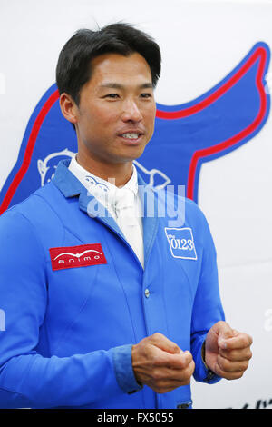 Tokio, Japan. 11. April 2016. Taizo Sugitani (JPN) Pferdesport: Japaner Taizo Sugitani besucht Pressekonferenz bezüglich der Rio De Janeiro Olympische bei JISS in Tokio, Japan. © Yusuke Nakanishi/AFLO SPORT/Alamy Live-Nachrichten Stockfoto