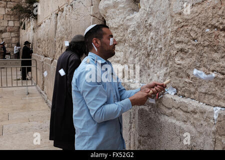 Jerusalem, Israel. 12. April 2016. Rabbiner der Klagemauer und Heiligen Stätten in Israel, Rabbi Rabinovitch, leitet ein Team von Mitarbeitern bei der Abfertigung Gebet Notizen aus den Ritzen der Klagemauer am Vorabend des jüdischen Passahfestes. Gebet-Notizen sind gelöscht, zweimal im Jahr und feierlich beigesetzt auf dem jüdischen Friedhof am Ölberg in Jerusalem. Bildnachweis: Nir Alon/Alamy Live-Nachrichten Stockfoto