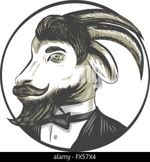 Zeichnung Skizze Stil Abbildung einer Ziege RAM mit großen Hörnern und Schnurrbart Bart Owearing Krawatte Smoking Blick zur Seite Stock Vektor