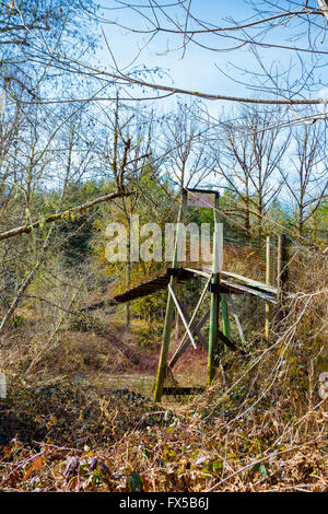 Sehr alte Hängebrücke überquert die Siuslaw River in der Nähe von Mapleton Oregon. Diese Brücke wurde verwendet, um eine Farm auf der anderen Seite zugreifen Stockfoto