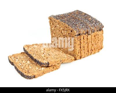 Scheiben Vollkornbrot, isoliert auf weiss Stockfoto