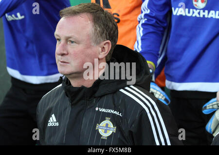 28. März 2015 - Vauxhall internationale Herausforderung (Freundschaftsspiel). Nordirland 1 Slowenien 0. Michael O'Neill - Nordirland-internationaler Fußball-Manager. Stockfoto