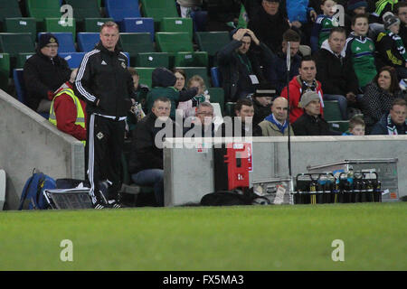 28. März 2015 - Vauxhall internationale Herausforderung (Freundschaftsspiel). Nordirland 1 Slowenien 0. Michael O'Neill (stehend), Nord-Irland-internationaler Fußball-Manager. Stockfoto