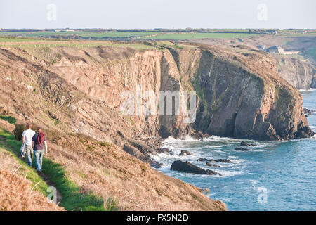 Wandern entlang der Pembrokeshire Coast Path in St Non Bay an der Küste von Pembrokeshire in der Nähe von St Davids. West-Wales, Großbritannien Europa. März. Stockfoto