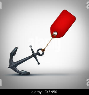 Verkäufer Problem Geschäftskonzept als ein Preisschild auf einen schweren Anker als Finanzkrise Metapher und schwache Konjunktur oder träge Einzelhandel Verkauf Symbol als 3D Illustration-Symbol ziehen. Stockfoto