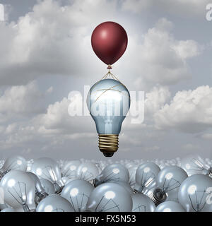 Innovatives Denken-Konzept als eine Gruppe von 3D-Illustration Glühbirnen in einer weiten Landschaft als eine Glühbirne erhebt sich mit Hilfe eines Ballons als Motivation Metapher für kreative Innovation Inspiration. Stockfoto