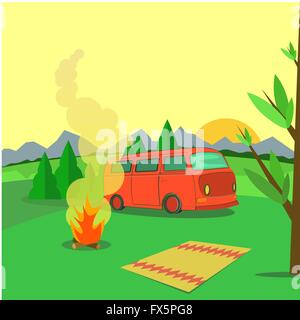 Wander- und Outdoor-Freizeit-Konzept mit flachen camping Reisen Stock Vektor