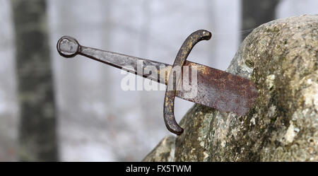 legendären Excalibur Schwert in den Stein mitten im Wald im winter Stockfoto