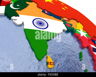 Indien - politische Karte von Indien und Umgebung mit jedem Land vertreten durch ihre nationale Flagge. Stockfoto