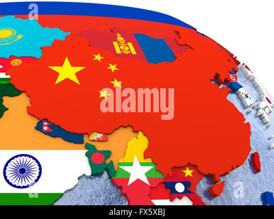 China - politische Landkarte von China und die umliegende Region mit jedem Land vertreten durch ihre nationale Flagge. Stockfoto