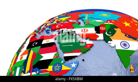 Politische Karte des Nahen Ostens mit jedem Land vertreten durch ihre nationale Flagge. Stockfoto