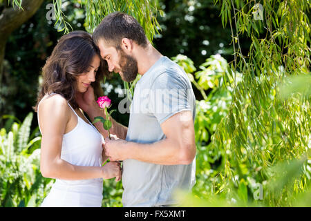 Mann mit einer Rose an die Frau Stockfoto