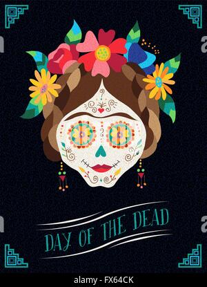 Mexiko Urlaub Plakat Design Tag von den Toten Illustrationskunst, traditionelle bemalte Schädel mit Blumenschmuck. EPS10 Vektor. Stock Vektor