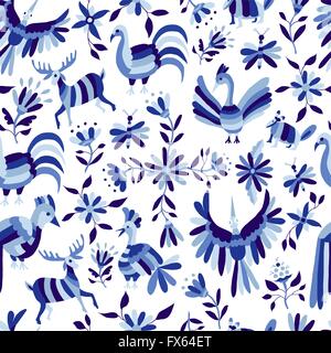 Vintage-Stil Natur nahtloses Muster, Tiere und Blumen Design in indigo blau. EPS10 Vektor. Stock Vektor