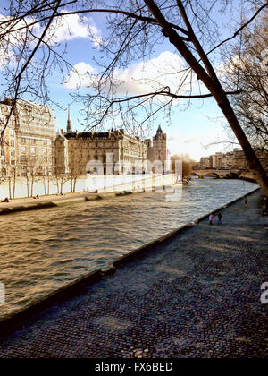 Mit Blick auf historischen Paris Architektur von Seineufer durch Äste Stockfoto