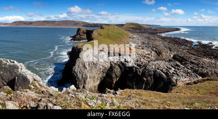 Blick nach unten Wurmkopf vom äußeren Kopf, Blick zurück in Richtung Rhossili. Stockfoto