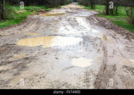Regen Pfützen auf schmutzige Landstraße im Frühjahr Stockfoto