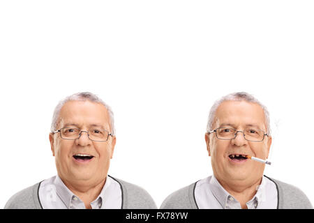 Vor und nach dem Foto eines älteren Mannes zeigt die schädlichen Strahleneffekte des Rauchens isoliert auf weißem Hintergrund Stockfoto