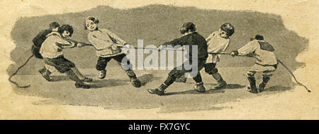 Tauziehen - Abbildung auf das Buch von A.Kruglov, "Spiel und Spaß für die Kinder" Verlag A. Stupin, Moskau, Russisches Reich, 1917 Stockfoto