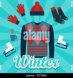 Winter Symbolsatz-Objekt flache Abbildung Elemente wie Pullover, Mütze, Handschuh, Schocks, heiße Getränke, Eislaufen Schuhe Stock Vektor