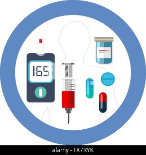 Welt Diabetes Tag blauen Kreissymbol mit Symbol Vektor Blutzucker testen Insulin Medikament Apotheke Gesundheitspflege Stock Vektor