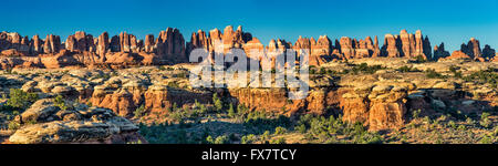 Rock Türme in der Nähe von Squaw Flat Campground bei Sonnenaufgang, die Nadeln im Bereich im Canyonlands National Park, Utah, USA Stockfoto