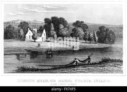 Gravur von Runney Mead (Runneymede) oder Magna Charta Insel, in der Nähe von Egham, Surrey an hochauflösenden aus einem Buch gescannt um 1845. Stockfoto