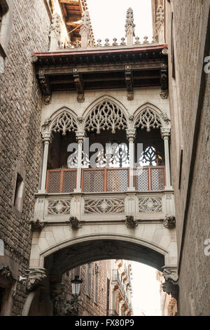 Alten Bogen und Balkon über Carrer del Bisbe, gotischen Viertel von Barcelona. Vertikale Foto Stockfoto