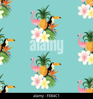 Nahtlose tropischen Design-Hintergrund mit ein Tukan, Flamingo und tropischen Blumen Blumen. Skalierbare Vektor-Illustration. Stock Vektor