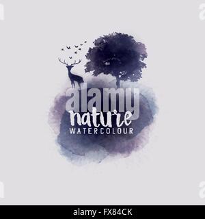 Aquarell abstrakt. Aquarell mit einem Baum, Hirsch und Vögel. Vektor-Illustration. Stock Vektor
