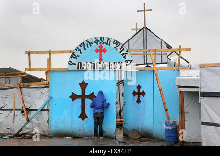 Äthiopisch-Orthodoxe Kirche in der sogenannten Dschungel Flüchtlingslager, Calais, Frankreich Stockfoto